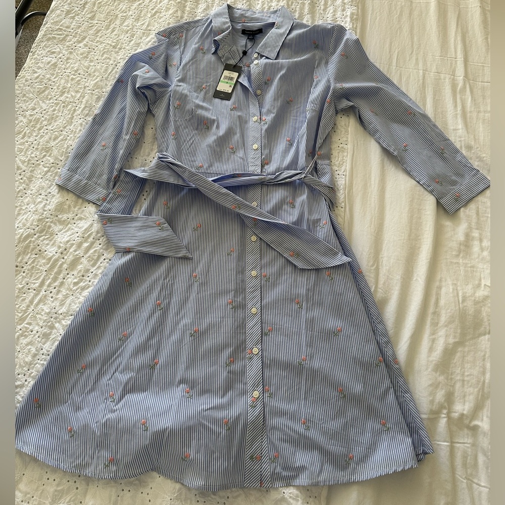 Tommy Hilfiger Elegant Blue Striped w/ Pink Embroidered Flowers Dress